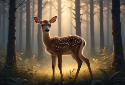 Fawn in morning forest