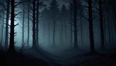 Misty forest at night