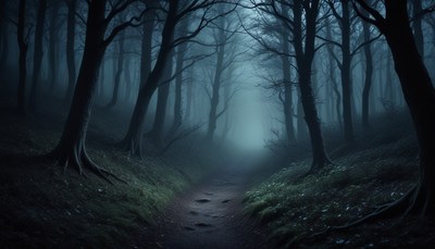 Foggy forest path at dusk