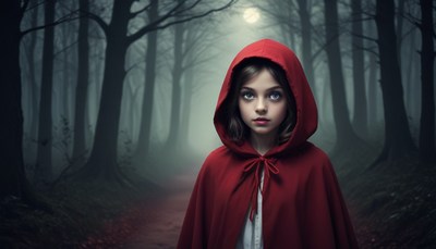 Girl in red hood stands in forest