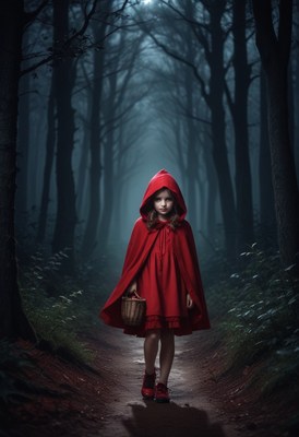 Girl in red hood walks through forest at night