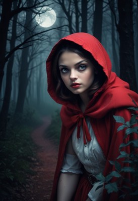 Woman in red hood in forest at night