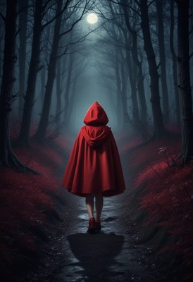 Woman in red hood walking through forest at night
