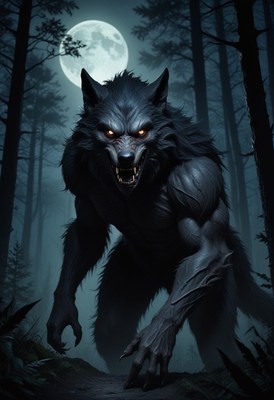 Werewolf in a forest at night