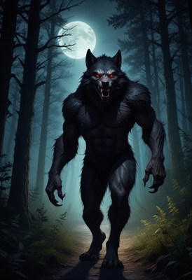 Werewolf walking in moonlight forest