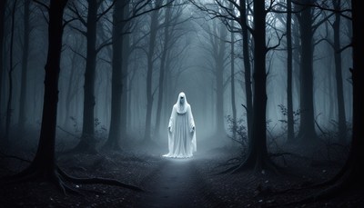 Ghostly figure in foggy forest