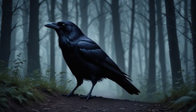 Raven in a foggy forest