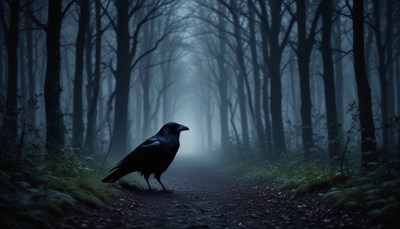 Crow in a misty forest