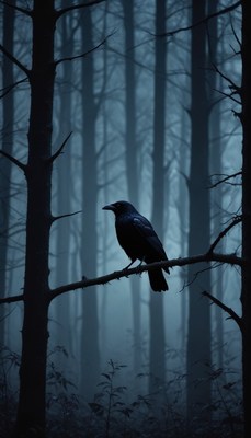 Crow perched in a misty forest