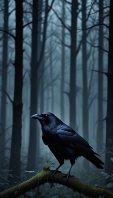 Raven in a foggy forest