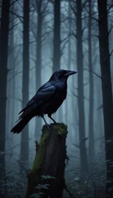 Crow perched on stump in foggy forest