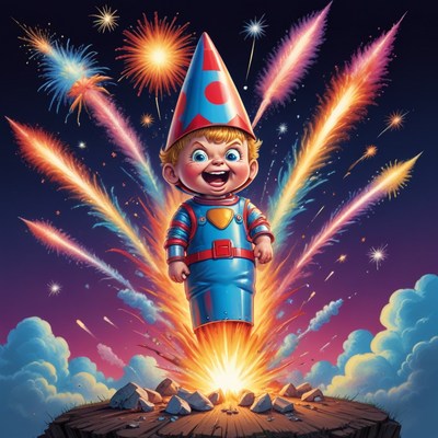 Boy in rocket with fireworks