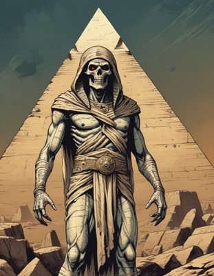 Skeleton figure in front of pyramid