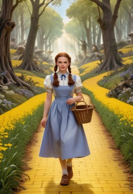 Woman walking yellow brick road
