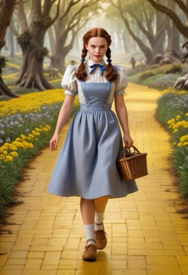 Woman walking yellow brick road