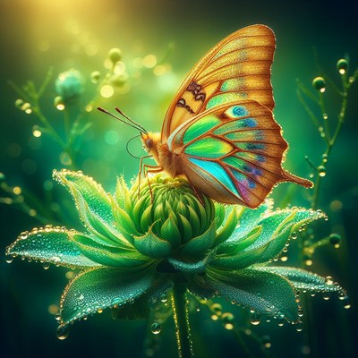 Butterfly on dew-covered flower