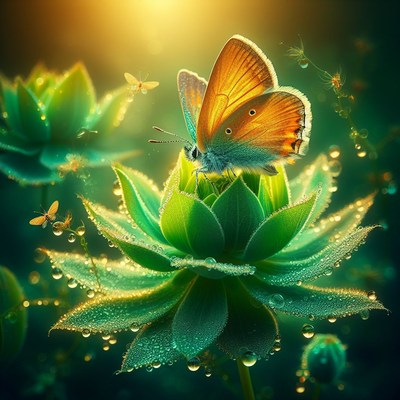 Butterfly on dewy flower