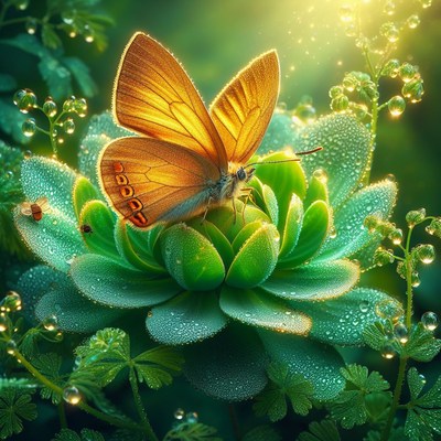 Golden butterfly on dewy succulent