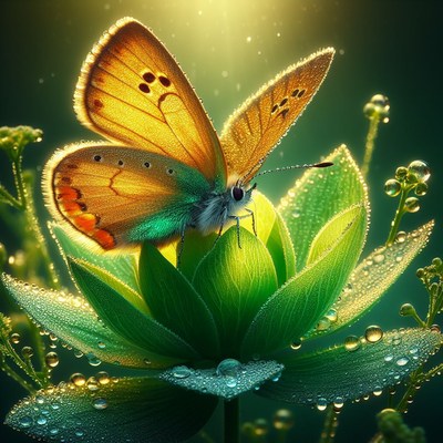 Golden butterfly on dewy flower