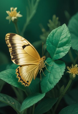Golden butterfly on green leaf