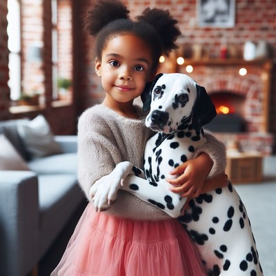 Girl hugging dalmatian puppy