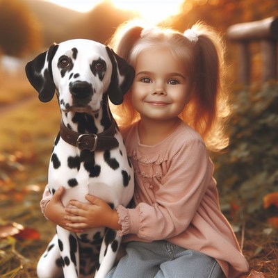 Girl and dalmatian dog in autumn park