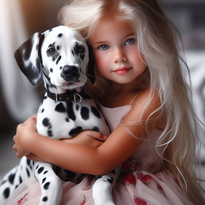 Girl holding dalmatian puppy