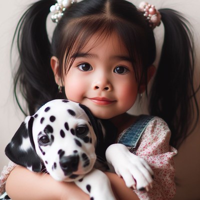 Girl holding dalmatian puppy