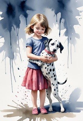 Girl hugs dalmatian dog