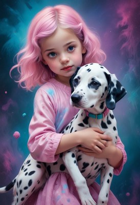 Girl with pink hair holds dalmatian puppy