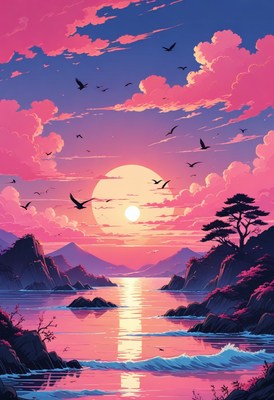 Sunset over coastal mountains