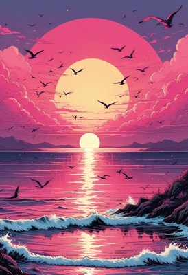 Pink sunset over ocean waves