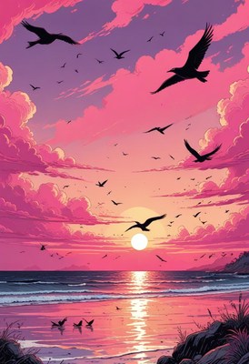 Pink sunset over ocean with birds