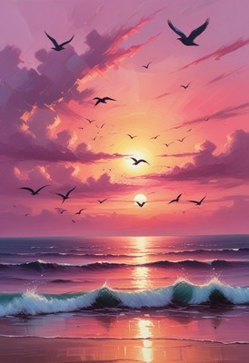 Pink sunset over ocean waves