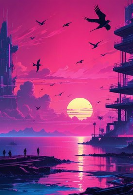 Sunset over futuristic cityscape