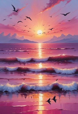 Pink sunset over ocean waves