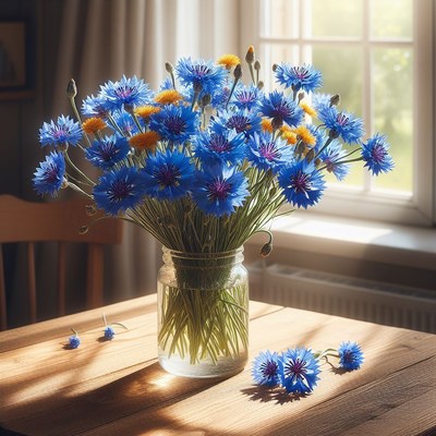 Blue cornflowers in a glass jar