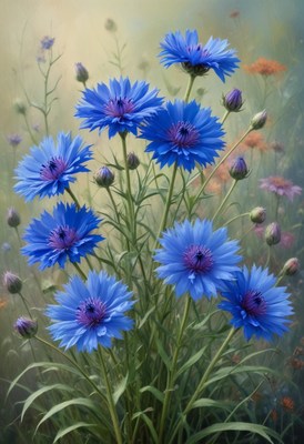 Blue cornflowers in a field