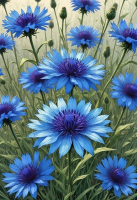 Blue cornflowers in a field