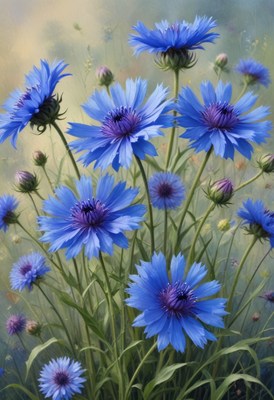 Blue cornflowers in a field