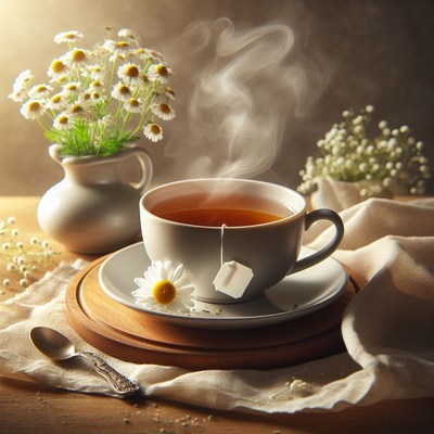 Steaming cup of tea with daisies