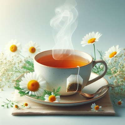 Steaming cup of tea with daisies