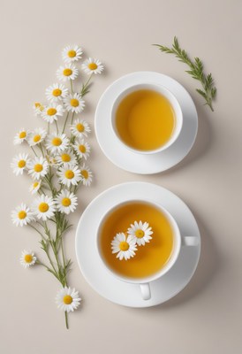 Chamomile tea and flowers on beige background