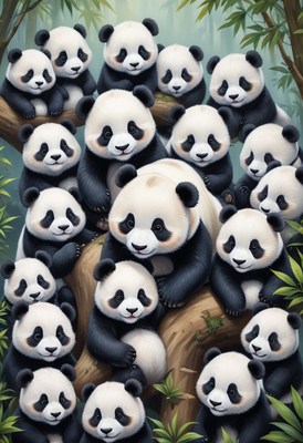 Pandas gathering on tree branch