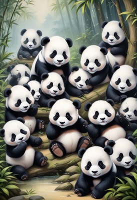 Panda family gathering in bamboo forest