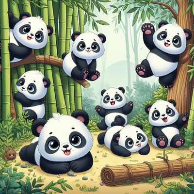 Panda cubs playing in bamboo forest