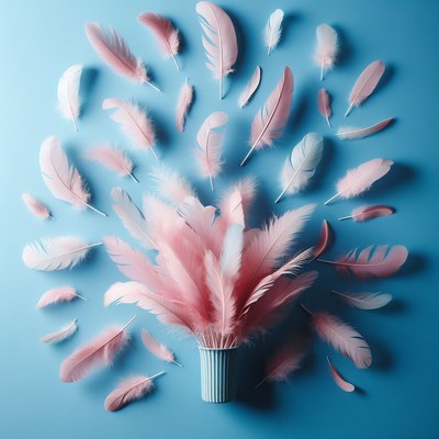 Pink and white feathers on blue background