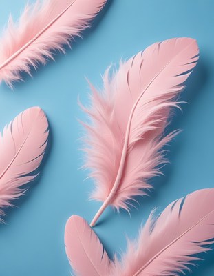 Pink feathers on blue background
