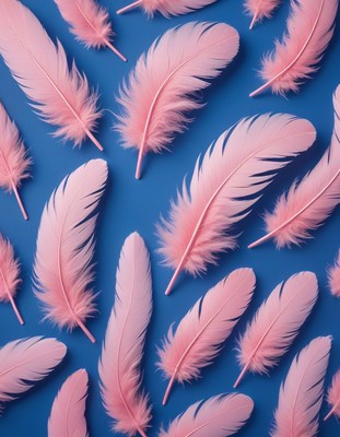 Pink feathers on blue background