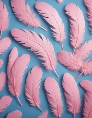 Pink feathers on blue background